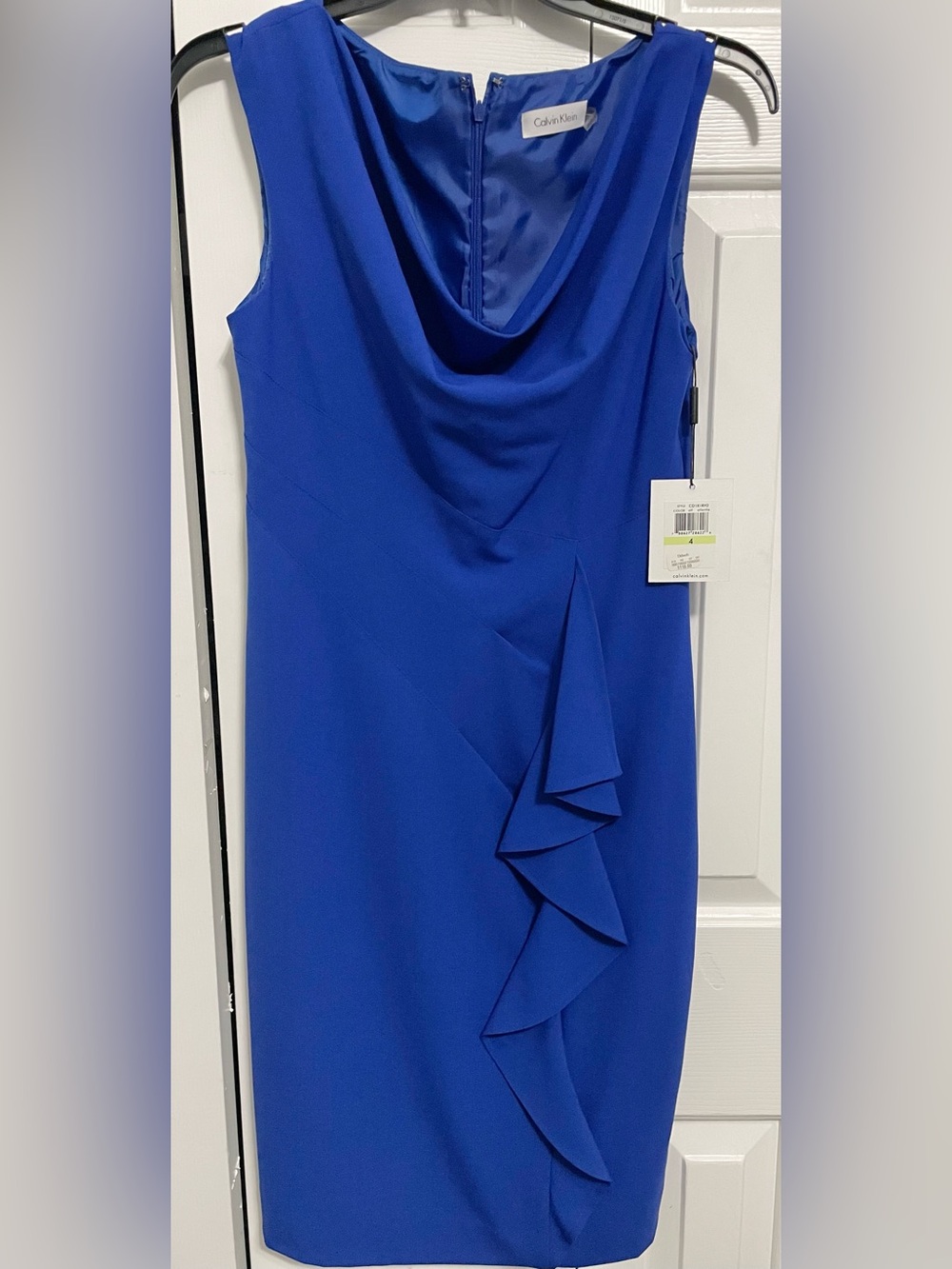 Calvin Klein Cobalt Blue Sleeveless Midi Dress with Draped Ruffle